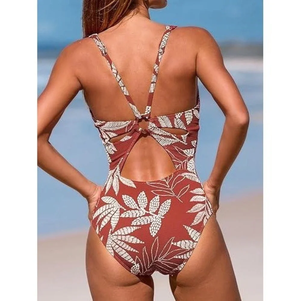 Cupshe‎ Womens Rust Tropical Leaf Print One Piece Swimsuit Cutout V-Neck Size L